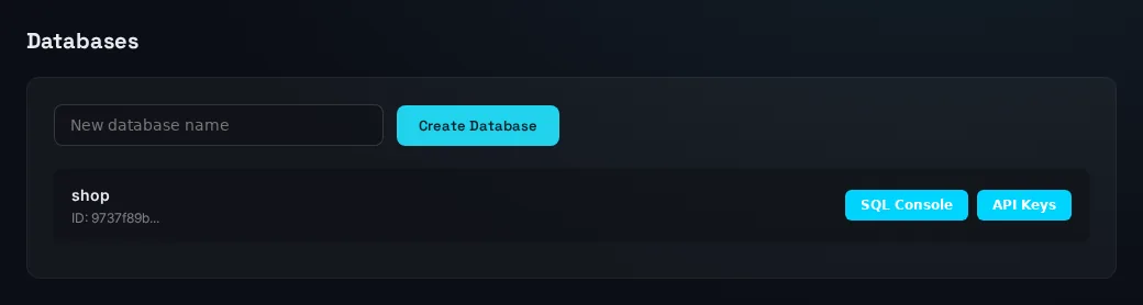 Databases page listing the new shop database with SQL Console and API Keys buttons