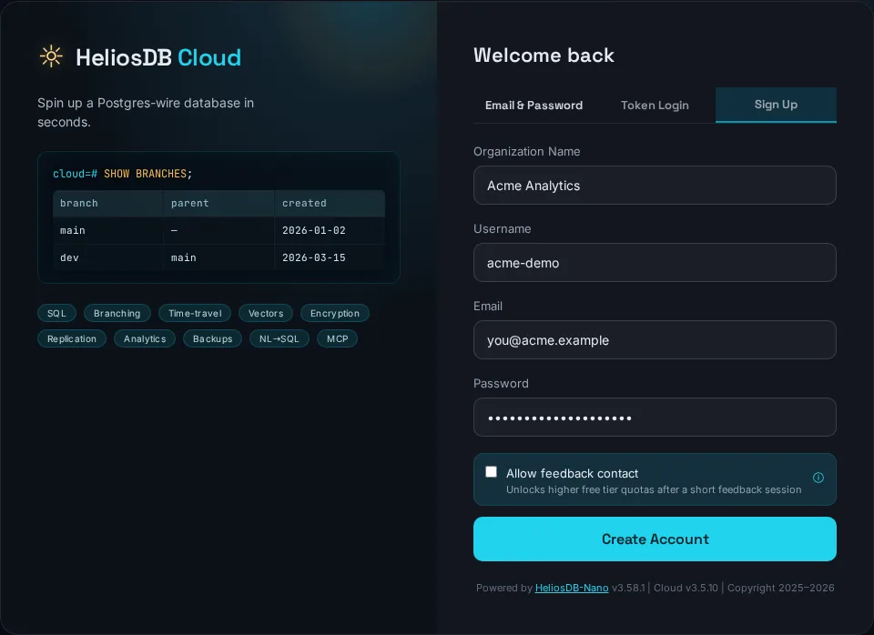 HeliosDB Cloud sign-up form with organization, username, email and password fields